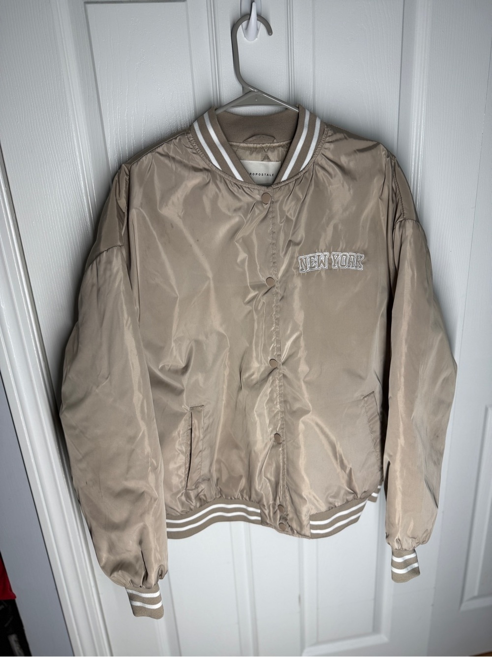 Aeropostale Beige Varsity Bomber Jacket with 'New York' Patch